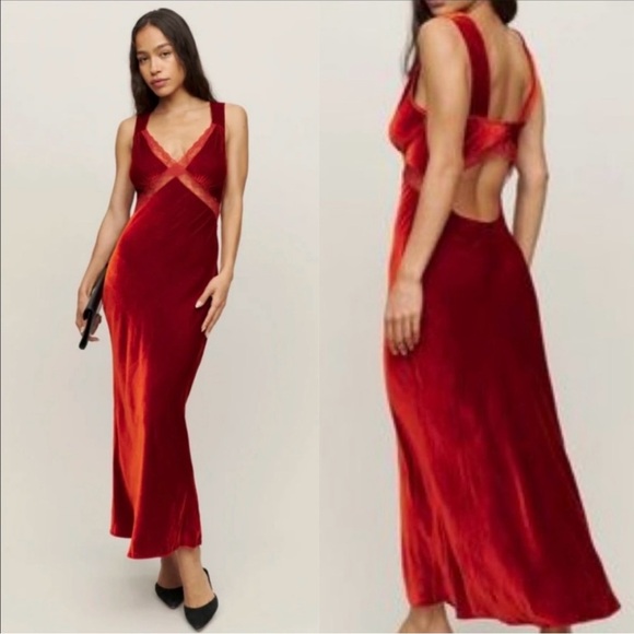 NWT NEW Reformation Lorenzo Velvet Dress in blood orange - Picture 1 of 11